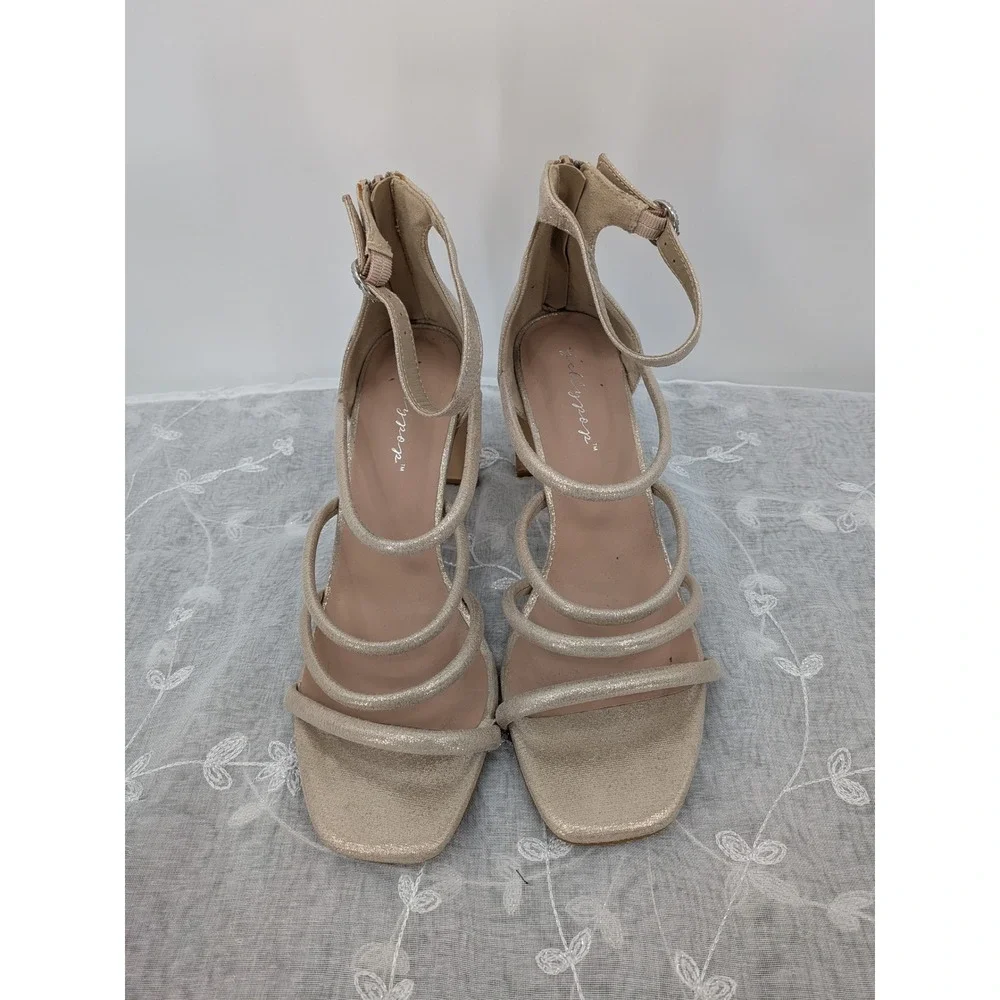 Prom Bride Champagne Gold Metallic Strappy Block Heel Square Toe 9M Jellypop